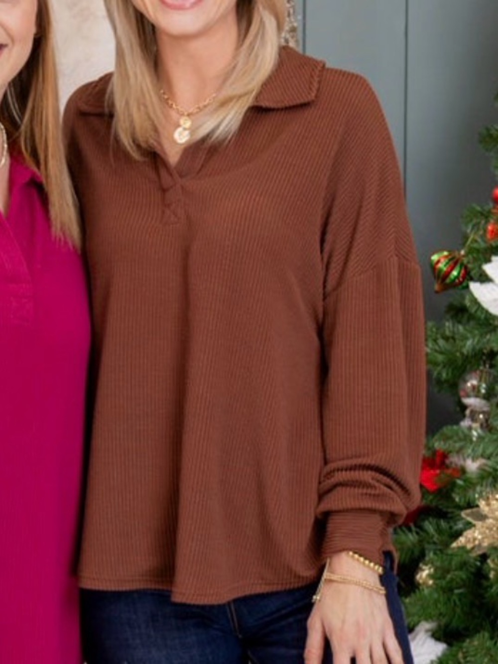 Raised Rib V Neck Collared Long-Sleeve Top - Brown. DD Designs.  Small